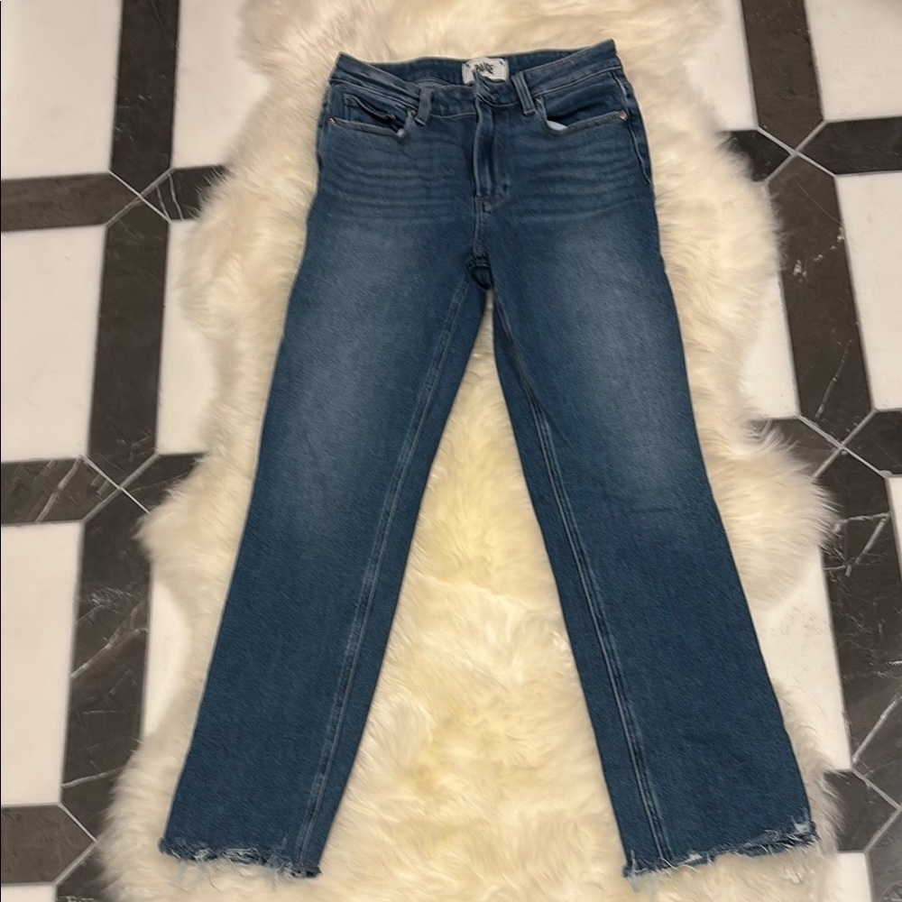 PAIGE Blue Straight Leg Jeans with Frayed Hem